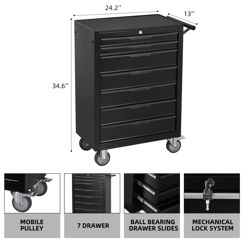 2026 New7-Drawer Rolling Tool Chest Cabinet, Large Capacity Metal Tool Box with Wheels and Cylinder Locking, Roll Around Storage Organizer Tool Cart for Garage, Warehouse, Work Shop - Black