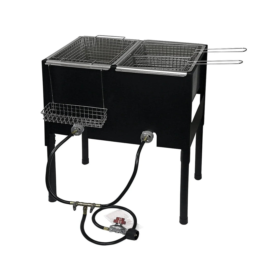 2026 NewBarton High-Pressure Deep Fryer Triple Basket Dual Burner Stainless Steel Cooker Fryer Black