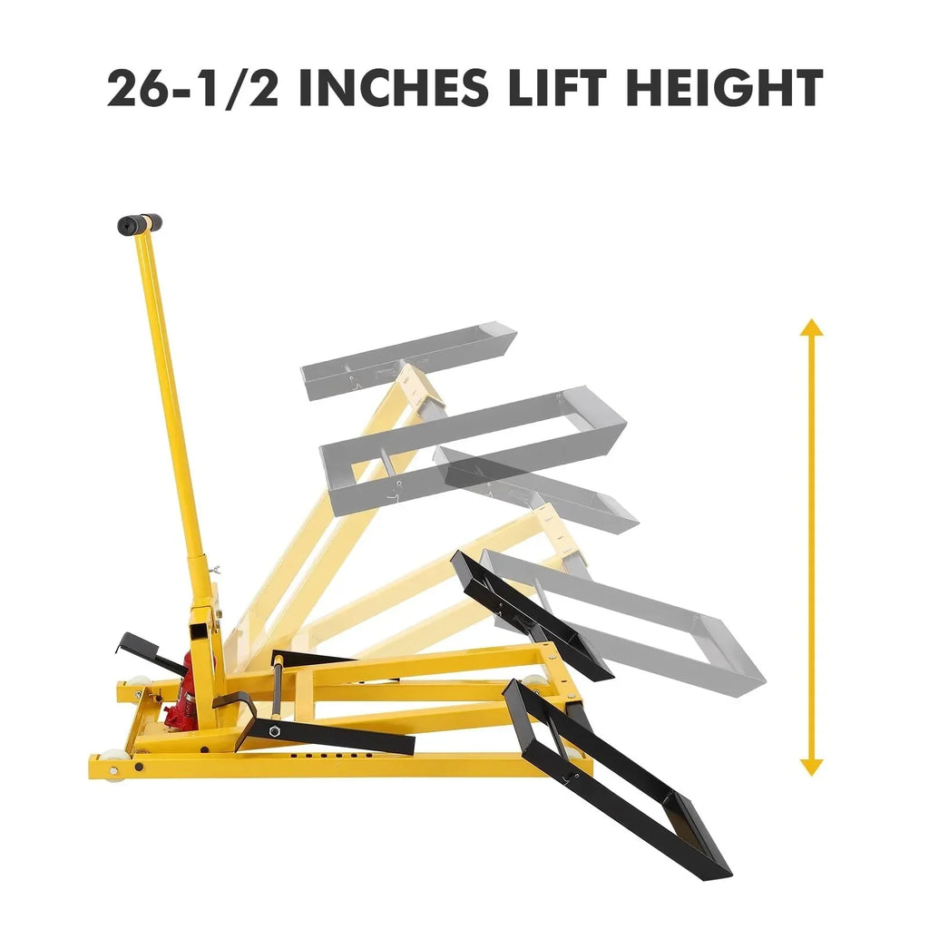 2026 NewLawn mower lift with hydraulic jack, 66 cm (26 inch) lifting height, welded steel construction, lifting capacity 227 kg (500 lbs), for ride-on lawn mowers, tractors and ATVs