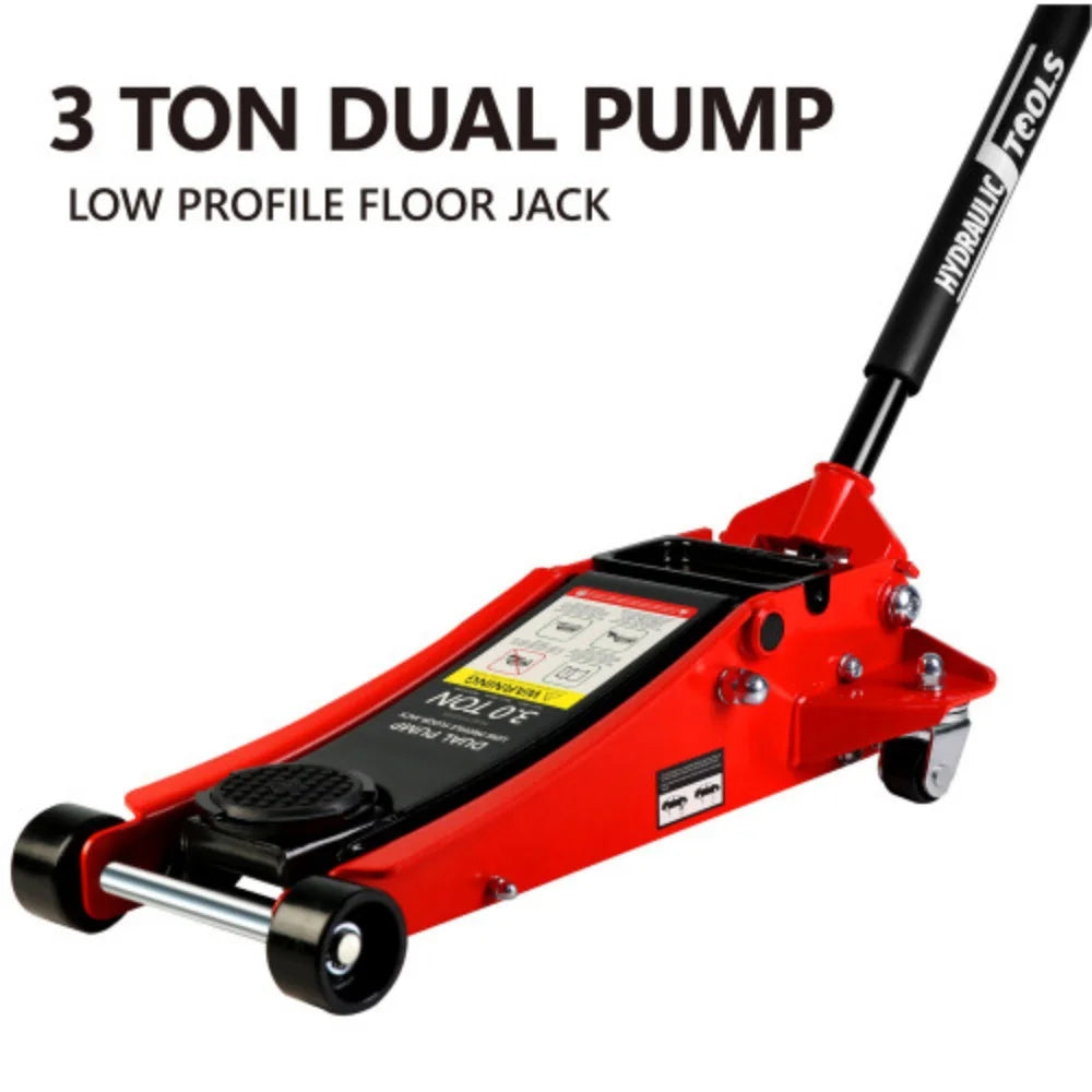 2026 3t Low Profile Jack, Red and Black, Ultra Low Floor Jack with Dual Pistons Quick Lift Pump, Car Jack Hydraulic AutoLifts for Home Garage Black+Red + Steel + 3T Dual pump + Lifting range 3.3"-19.7"
