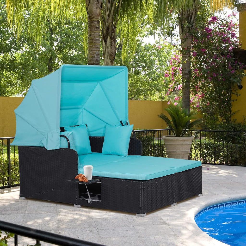 2026 Patio Outdoor Daybed with Canopy, Wicker Sunbed w/Cushions, 4 Pillows & 2 Retractable Side Trays, 2-Person Lounge Bed Conversation for Poolside Porch Garden, Rattan Outdoor Bed (Turquoise)