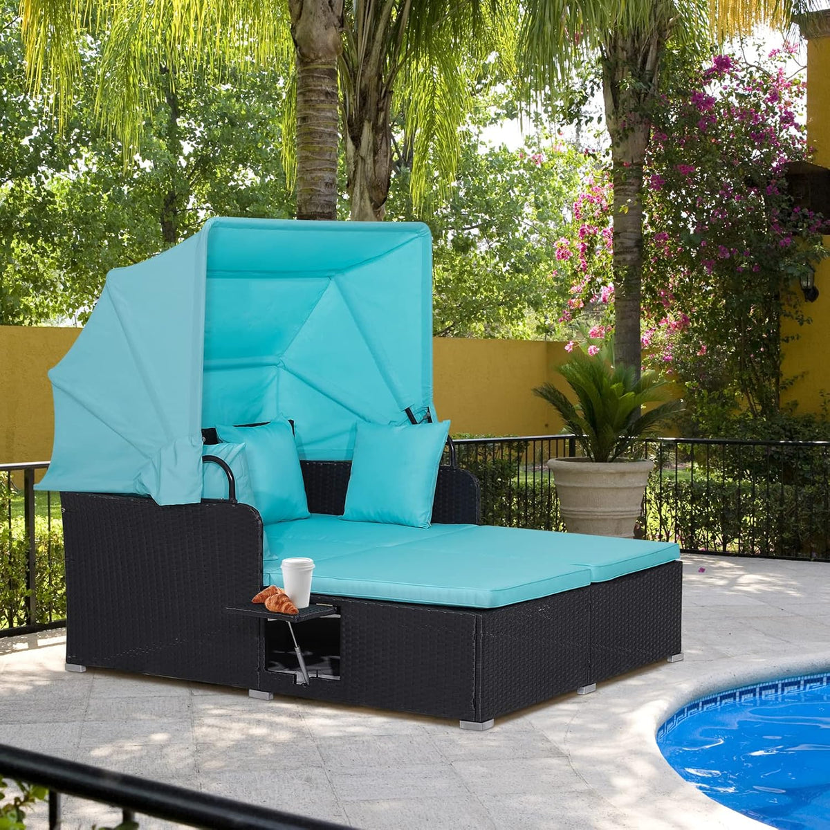 2026 Patio Outdoor Daybed with Canopy, Wicker Sunbed w/Cushions, 4 Pillows & 2 Retractable Side Trays, 2-Person Lounge Bed Conversation for Poolside Porch Garden, Rattan Outdoor Bed (Turquoise)