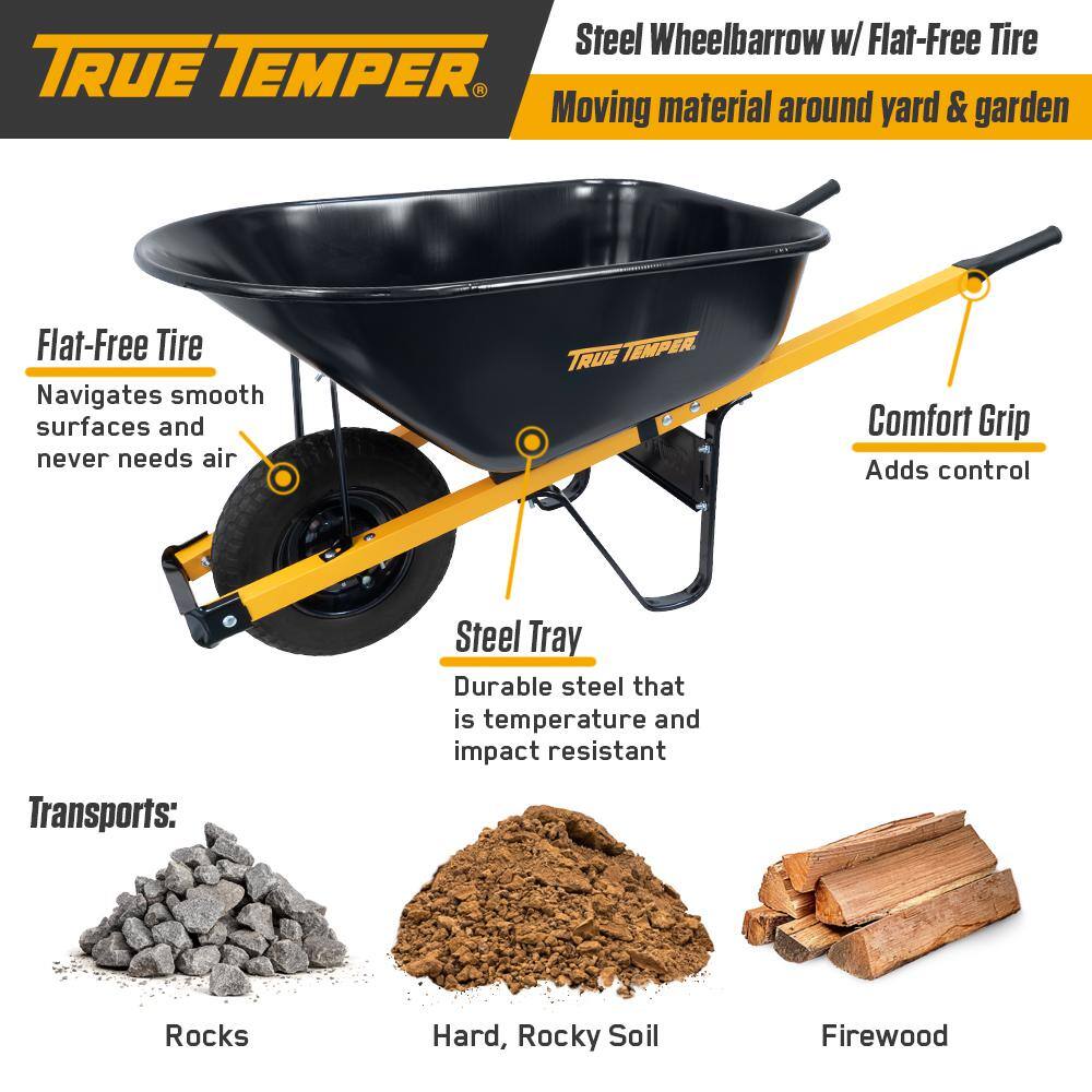 2026 True Temper R6STFFEC 6 cu. ft. Barrow in a Box Steel Wheelbarrow with Never Flat Tire and Steel Handles