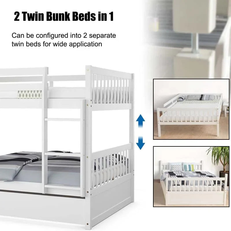 2026 Solid Wood Full Over Full Bunk Bed Frame with Trundle, Safety Ladder & Guardrails, Convertible Bunk Bed for Kids Teens