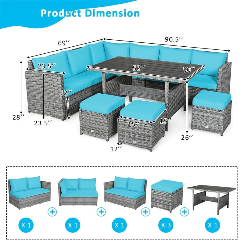 2026 7 PCS Resin Wicker Outdoor Sectional Sofa Set Rattan Patio Seating Group with Dining Table, Ottomans & Cushions