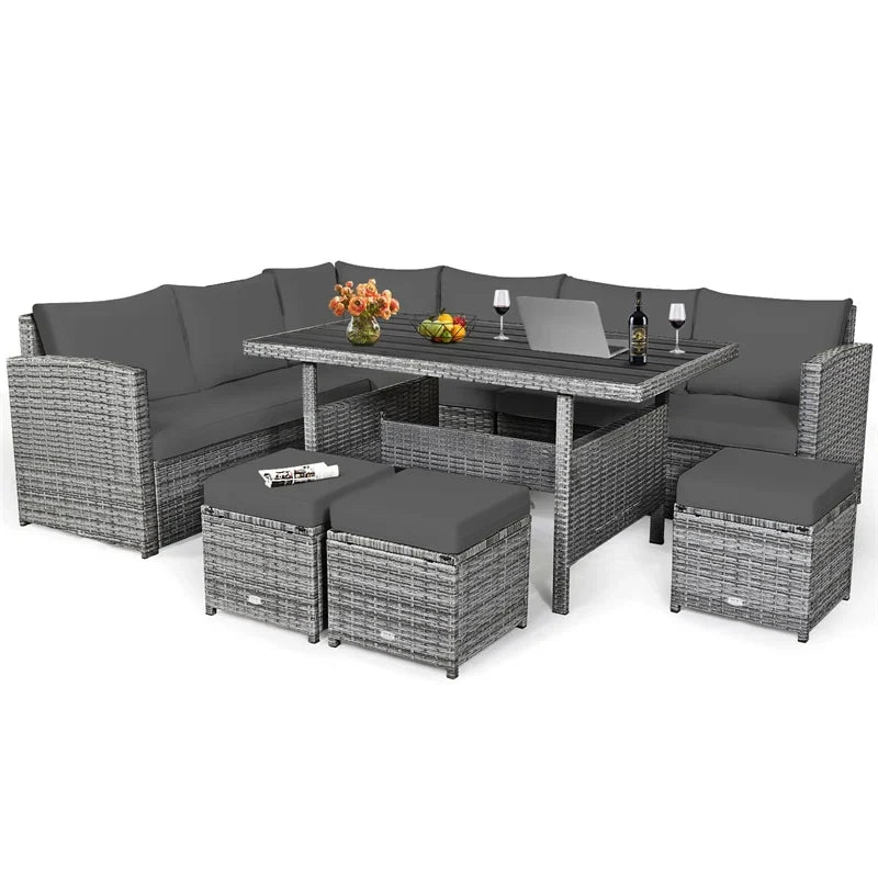 2026 7 PCS Resin Wicker Outdoor Sectional Sofa Set Rattan Patio Seating Group with Dining Table, Ottomans & Cushions