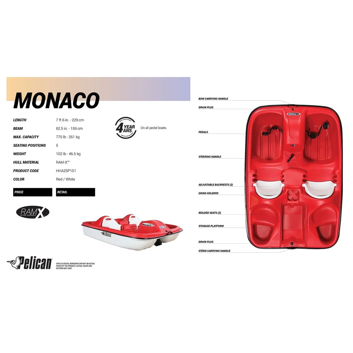 2026 NewPelican Sport - PEDAL BOAT MONACO - Adjustable 5 Seat Pedal Boat, Red/White