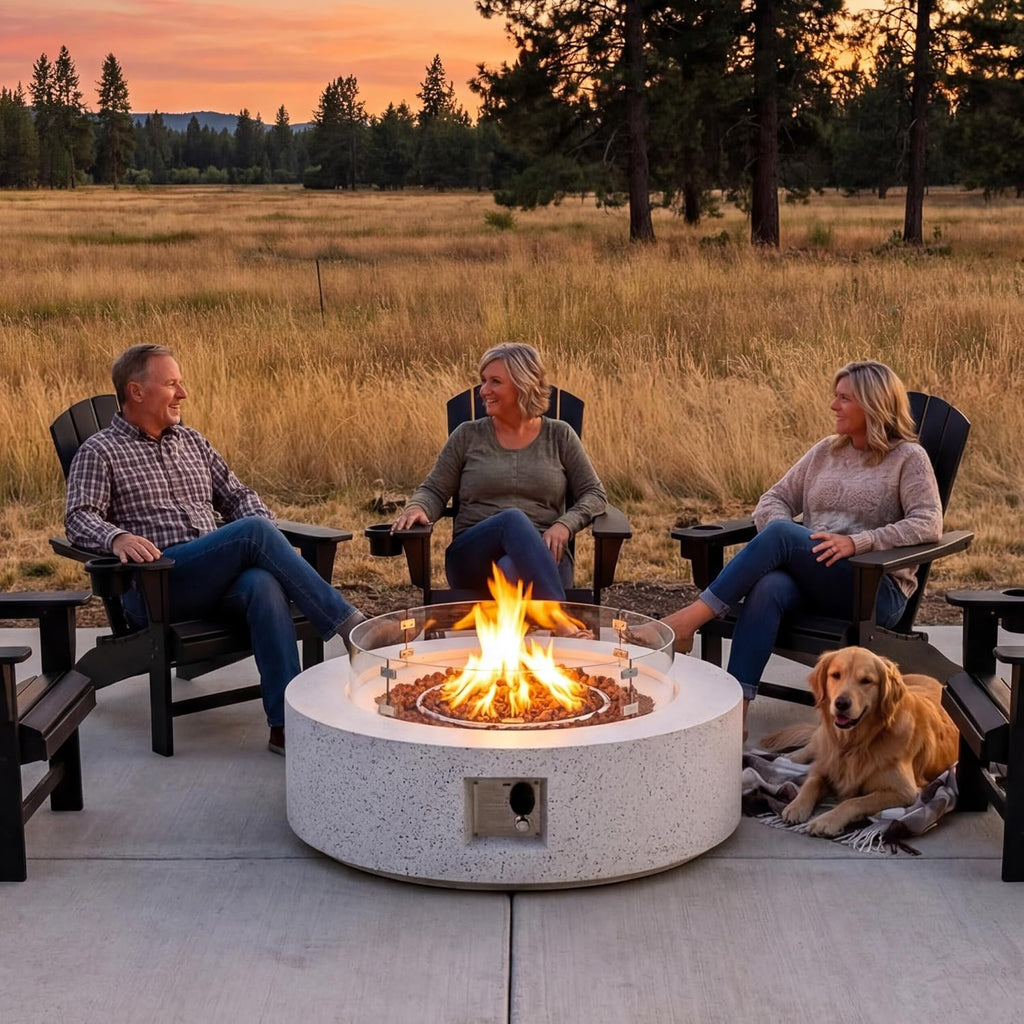 2026 2-Piece Outdoor Propane Firepit Table Set w Tank Table, 42 inch Dark Fire Table Certified, 50,000 BTU w Beige Round Base,Wind Guard and 16 inches Tank Side Table 20lb for Garden,Pool