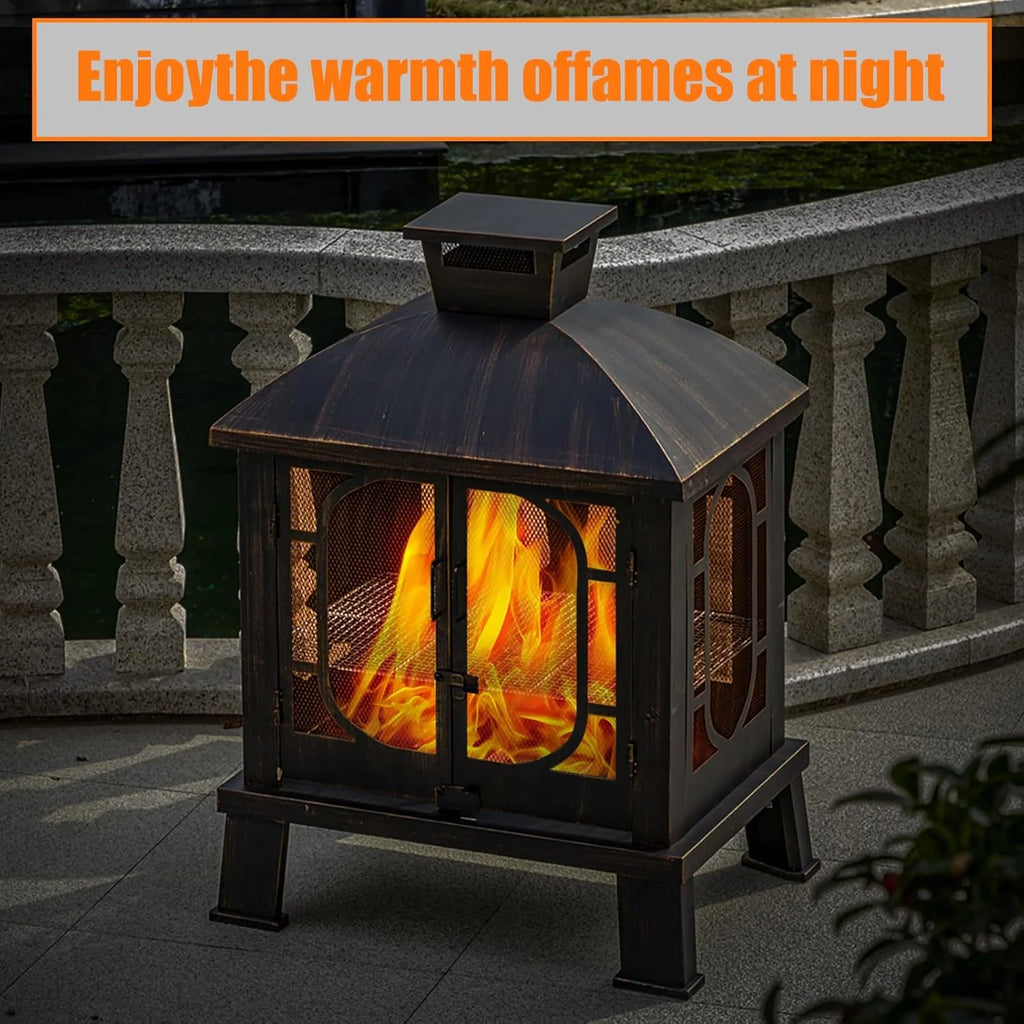 2026 45" H 31''W Metal Chiminea Fire Pit with Grill, Wood Burning Fire Pits for Outside,Square Chimineas Fireplace with Mesh Spark Screen Door& Fire Poker for Garden,Yard,BBQ,Bonfire (Black&Gold)
