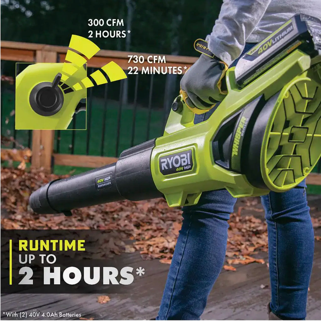 2026 40V Brushless Whisper Series 190 MPH 730 CFM Cordless Battery Jet Fan Leaf Blower with (2) 4.0 Ah Batteries and Charger