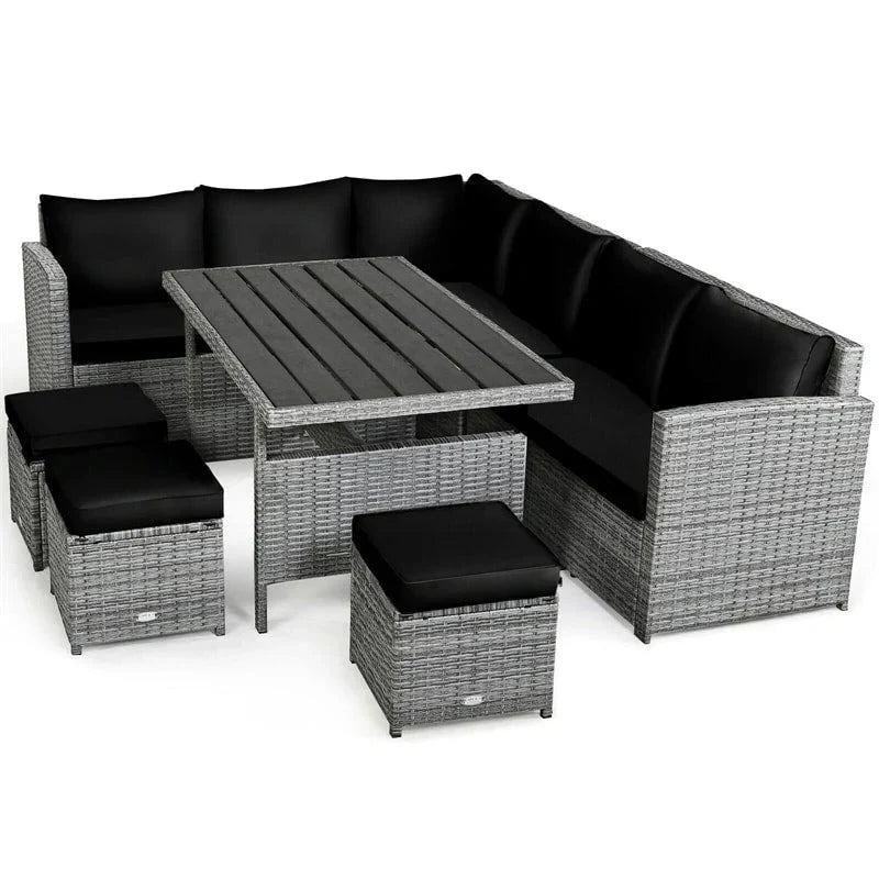 2026 New7 Pcs Rattan Patio Dining Furniture Sectional Sofa Set with Dining Table, Ottomans & Cushions
