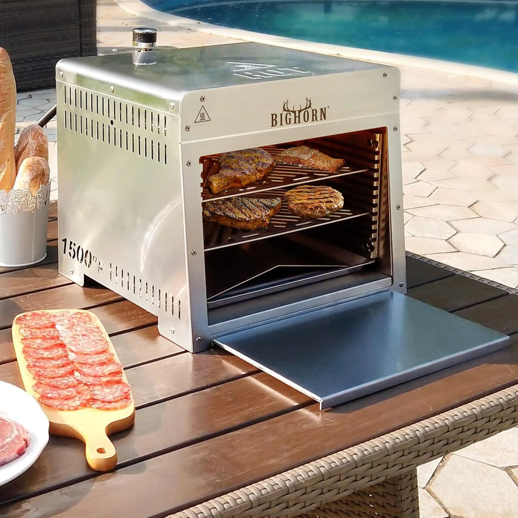 2026 1500 deg F Small Infrared Propane Gas Grill - Portable Steak Broiler & Sear Station Outdoor Salamander BBQ with Pizza Stone Stainless Steel