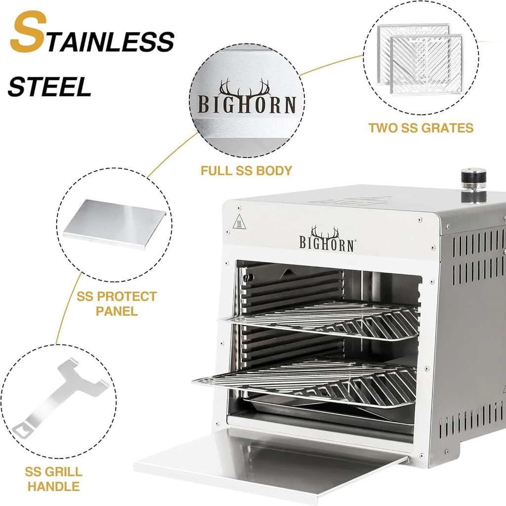 2026 1500 deg F Small Infrared Propane Gas Grill - Portable Steak Broiler & Sear Station Outdoor Salamander BBQ with Pizza Stone Stainless Steel