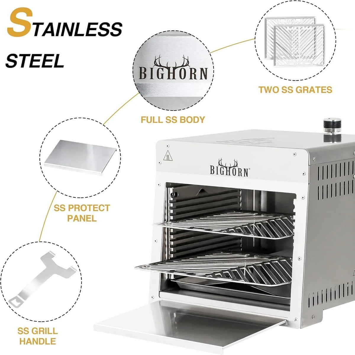2026 1500 deg F Small Infrared Propane Gas Grill - Portable Steak Broiler & Sear Station Outdoor Salamander BBQ with Pizza Stone Stainless Steel