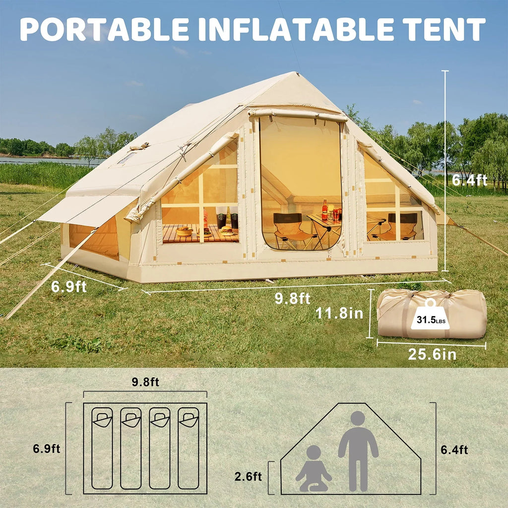 2026 6 Person Inflatable Camping Tent with Pump, 10ft x7ft Glamping Family Tent Easy Setup 4 Season Waterproof Windproof Outdoor Blow Up Tent Luxury Oxford Cabin with Mesh Windows & Doors