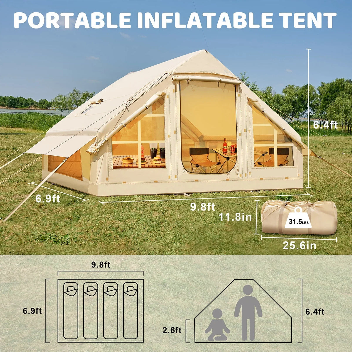2026 6 Person Inflatable Camping Tent with Pump, 10ft x7ft Glamping Family Tent Easy Setup 4 Season Waterproof Windproof Outdoor Blow Up Tent Luxury Oxford Cabin with Mesh Windows & Doors