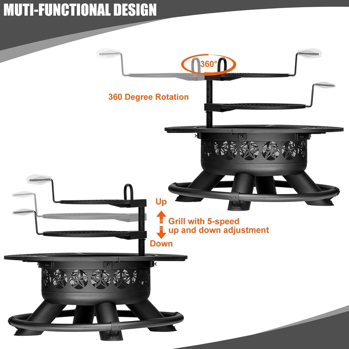 2026 47 Inch Outdoor Fire Pit with 2 Grills Extra Large BBQ Firepits for Outside Metal Round Fire pits with Lid&Fire Poker 3 in 1 Wood Burning Outdoor Fireplaces for Backyard Patio Bonfire