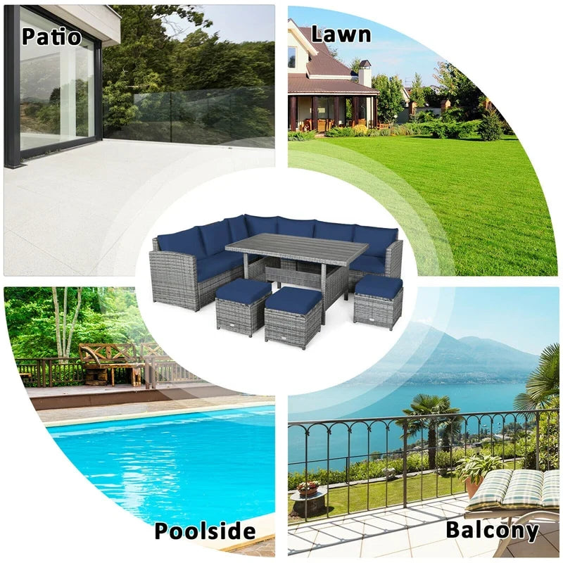 2026 7 PCS Resin Wicker Outdoor Sectional Sofa Set Rattan Patio Seating Group with Dining Table, Ottomans & Cushions