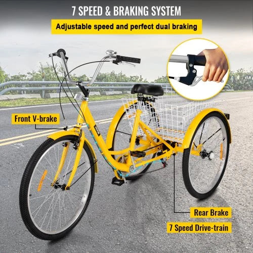 2026 Adult Tricycle 26 7 Speed 3 Wheel Trike Bicycle Bike Cruise w Basket Shooping
