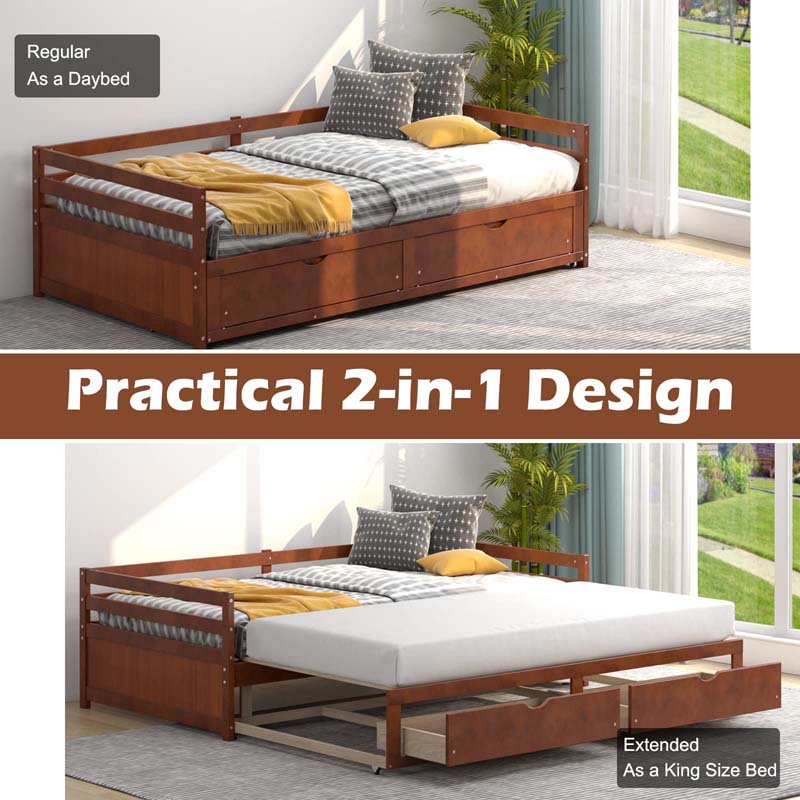 2026 Extendable Twin to King Daybed with Trundle & 2 Storage Drawers, Dual-use Modern Sofa Bed with Roll Out Bed Frame