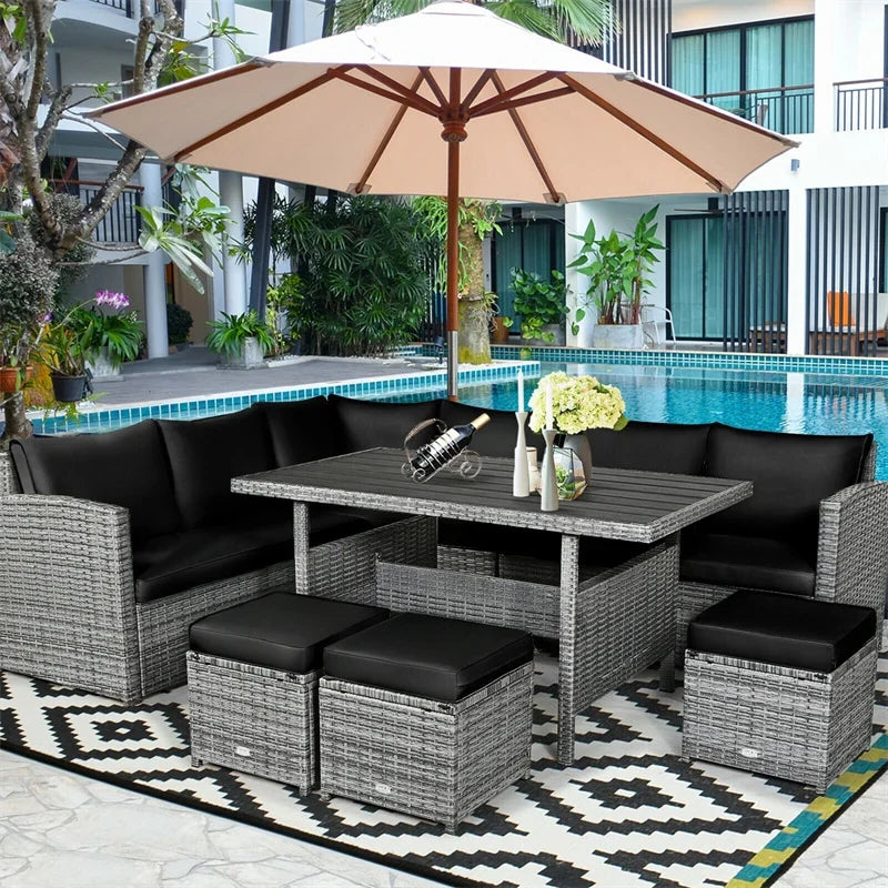 2026 7 PCS Resin Wicker Outdoor Sectional Sofa Set Rattan Patio Seating Group with Dining Table, Ottomans & Cushions