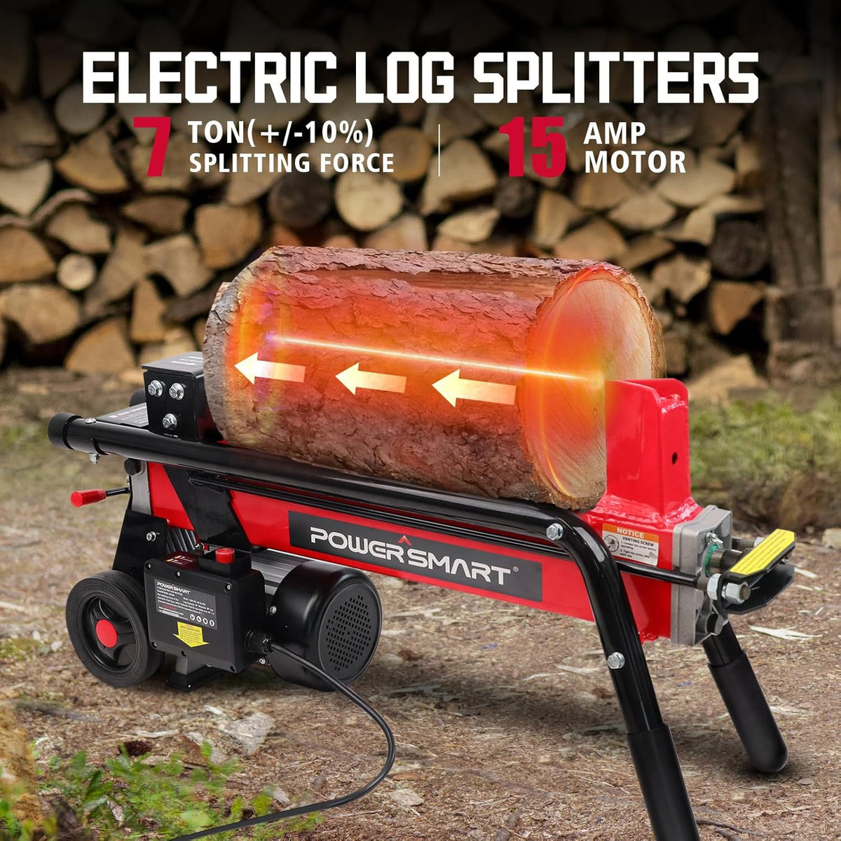 2026 Electric Log Splitter 7-Ton - Efficient Wood Splitter with 3500 Motor Speed, 15 Amp, Horizontal Full Beam Design and Steel Wedge for Firewood & Kindling Cutting