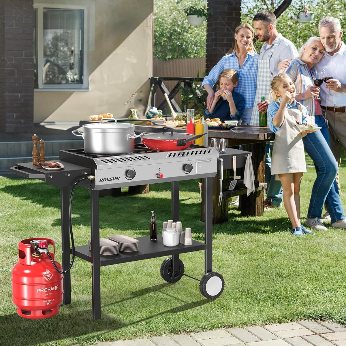 2026 2-Burner Outdoor Propane Gas Stove with Griddle, Auto-Ignition, Regulator and Side Shelves, 150,000 BTU