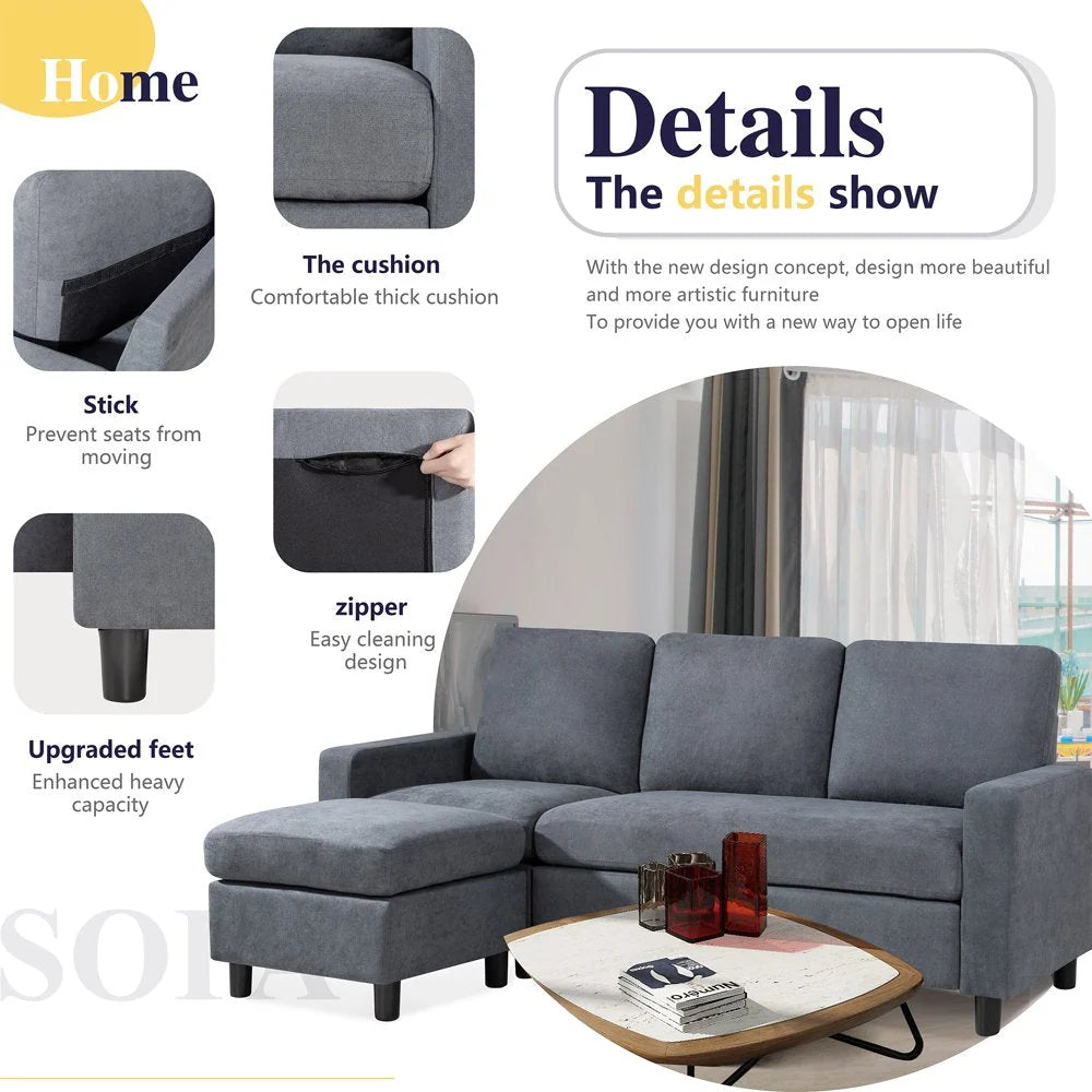 2026 Convertible Sectional Sofa, L-Shaped Linen Fabric Couch with Reversible Design and Movable Ottoman for Small Spaces