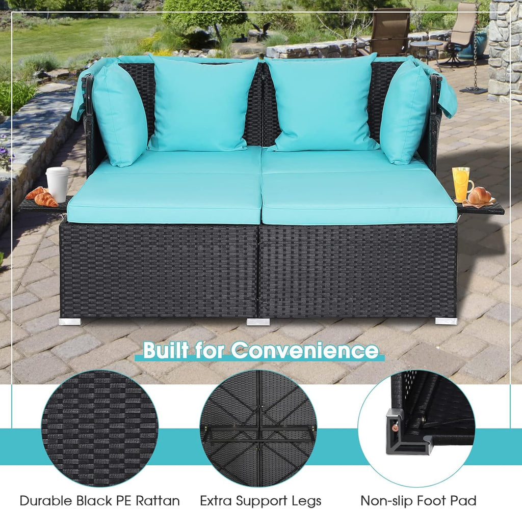 2026 Patio Outdoor Daybed with Canopy, Wicker Sunbed w/Cushions, 4 Pillows & 2 Retractable Side Trays, 2-Person Lounge Bed Conversation for Poolside Porch Garden, Rattan Outdoor Bed (Turquoise)