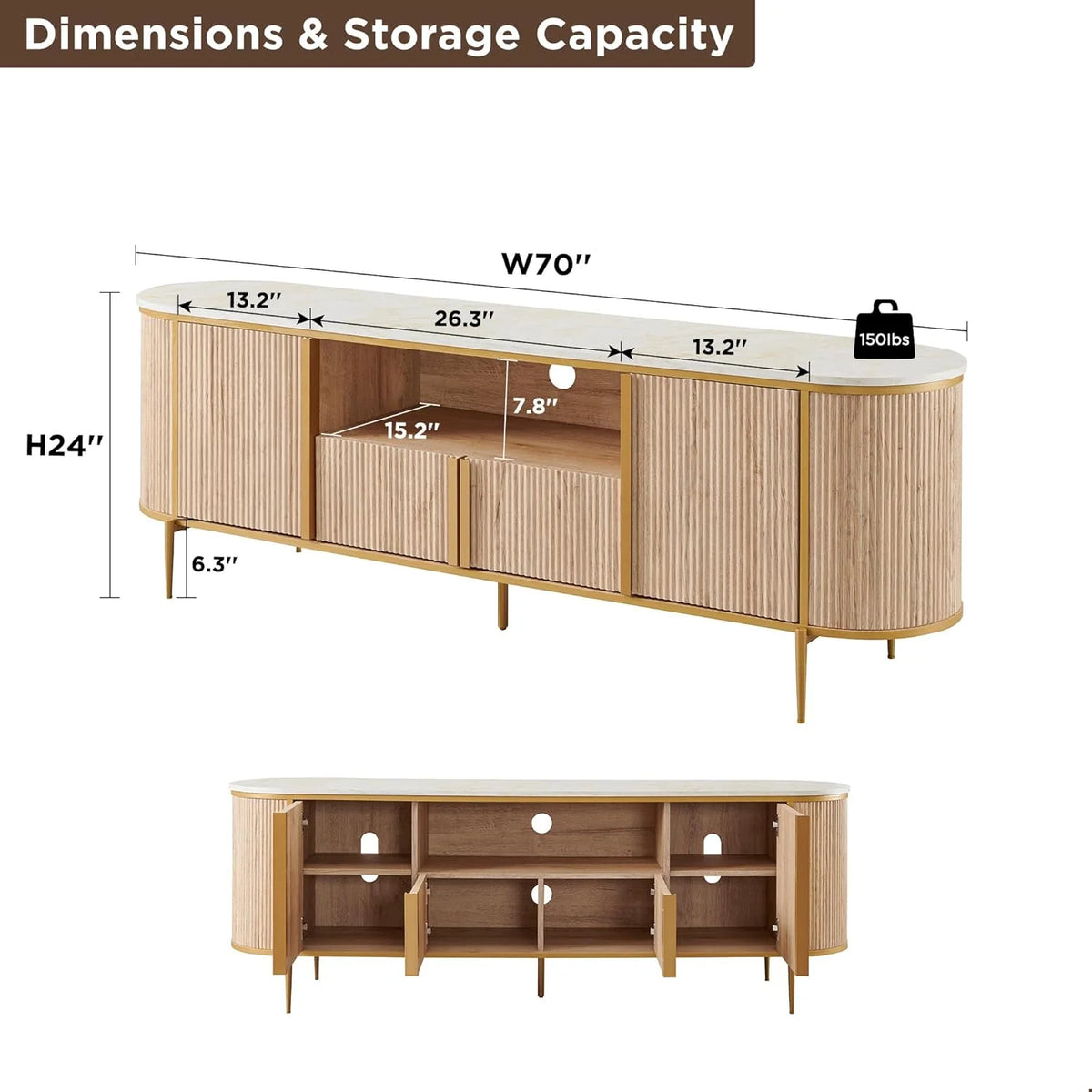 2026 70" Fluted TV Stand with Storage, Faux Marble Top Entertainment Center for TVs Up to 80", Modern Curved Edge Media Console Cabinet for Living Room, Natural Oak