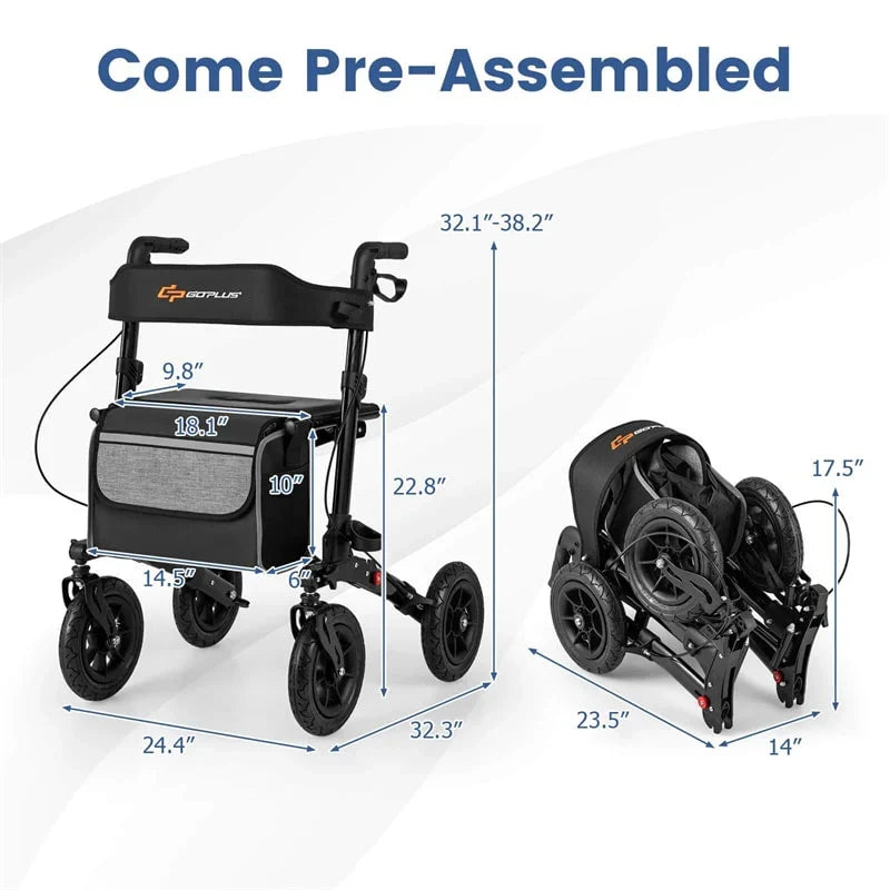 2026 2-in-1 Folding Rolling Rollator Walker with Seat, 9" All-Terrain Pneumatic Tires & Height Adjustment, Aluminum Mobility Walking Aid for Seniors