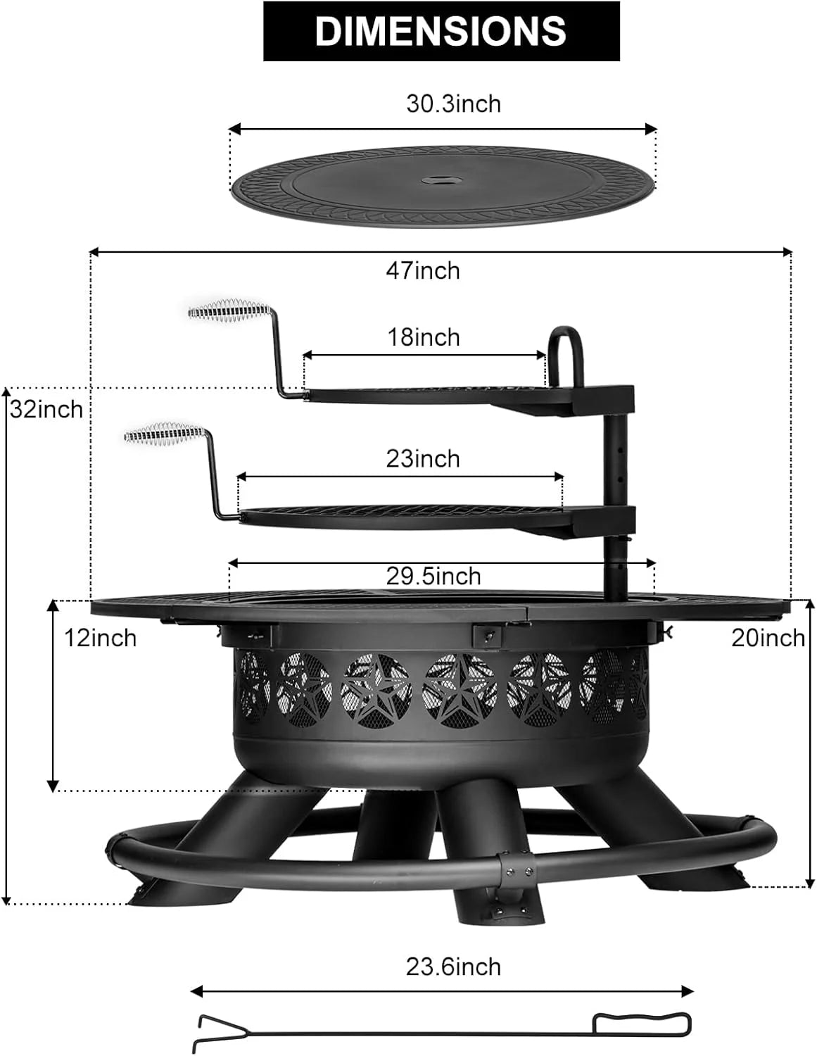 2026 47 Inch Outdoor Fire Pit with 2 Grills Extra Large BBQ Firepits for Outside Metal Round Fire pits with Lid&Fire Poker 3 in 1 Wood Burning Outdoor Fireplaces for Backyard Patio Bonfire