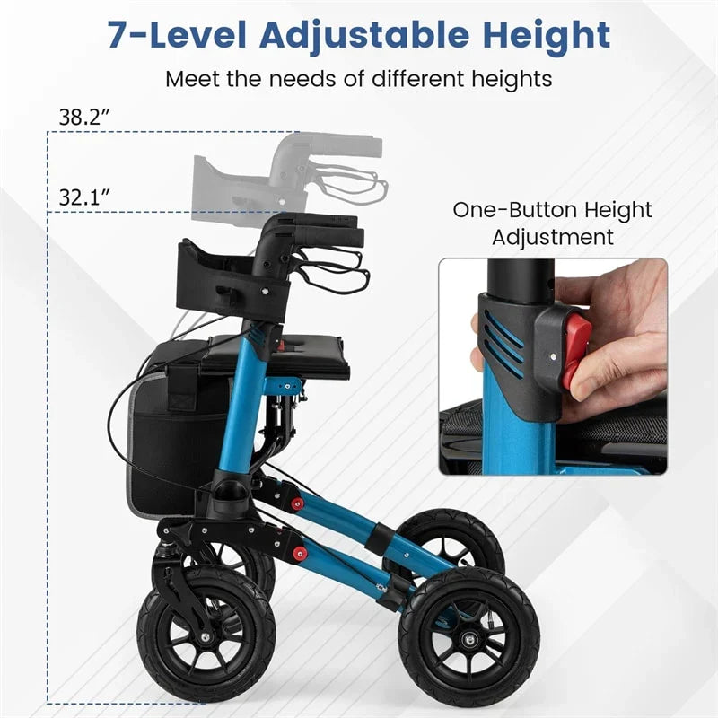 2026 2-in-1 Folding Rolling Rollator Walker with Seat, 9" All-Terrain Pneumatic Tires & Height Adjustment, Aluminum Mobility Walking Aid for Seniors