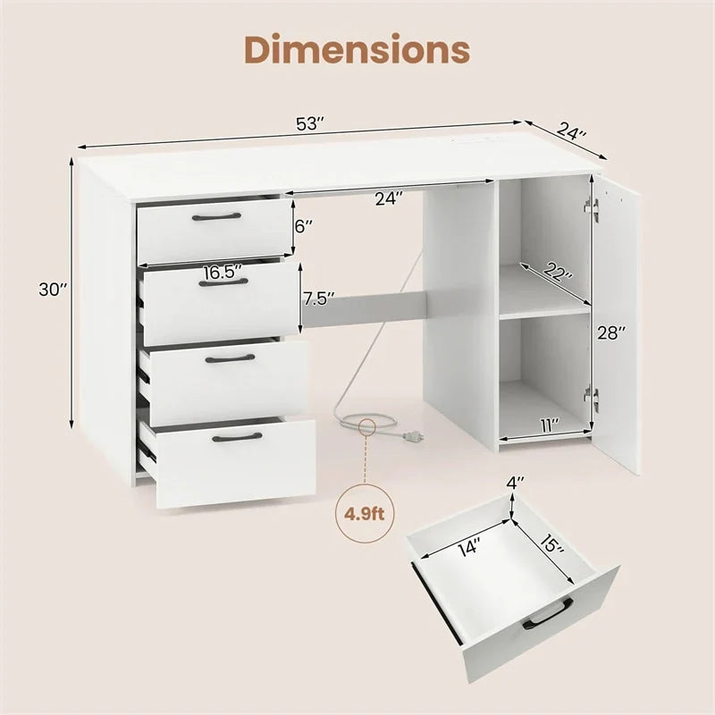 2026 53" Computer Desk with 4 Storage Drawers & Cabinet, Home Office Desk w/ Charging Station, Adjustable Shelf & Cable Management for Study, Makeup