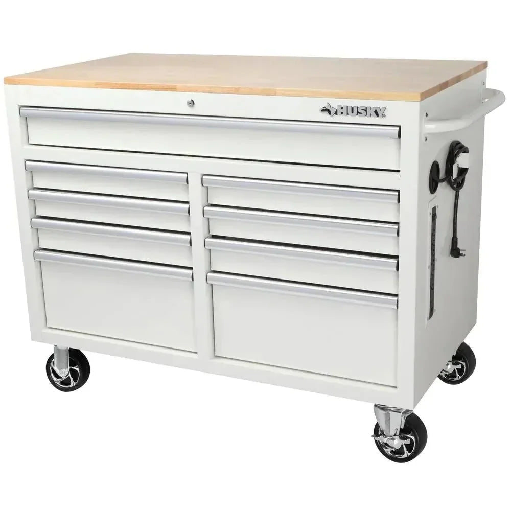 2026 NewMobile workbench with 9 drawers, hardwood top and power connection, 117 cm W x 62 cm D – high-gloss black