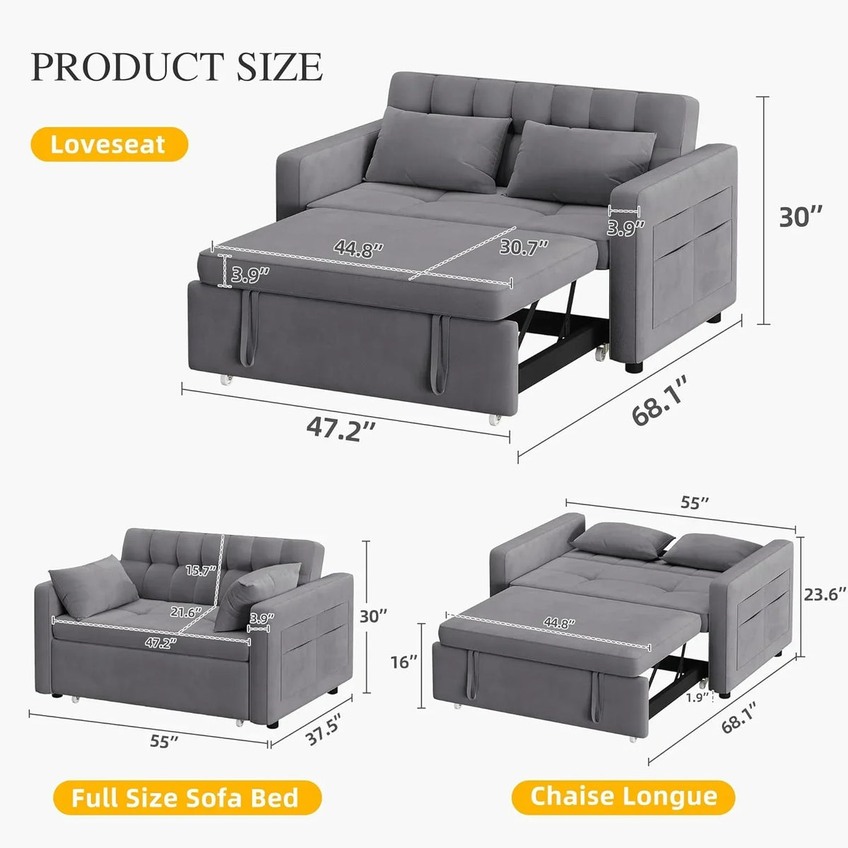 2026 3-in-1 Convertible Sofa Bed, 55" Sleeper Sofa with Pull-Out Bed, Cat-Scratch-Proof Fabric Futon Couch with Adjustable Backrest and Side Pocket, Loveseat for Living Room Apartment, Grey