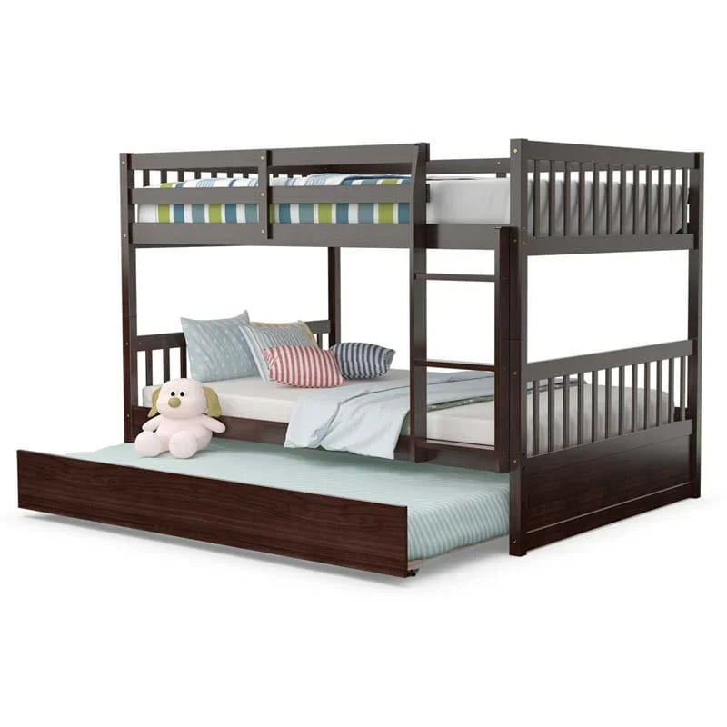 2026 Solid Wood Full Over Full Bunk Bed Frame with Trundle, Safety Ladder & Guardrails, Convertible Bunk Bed for Kids Teens