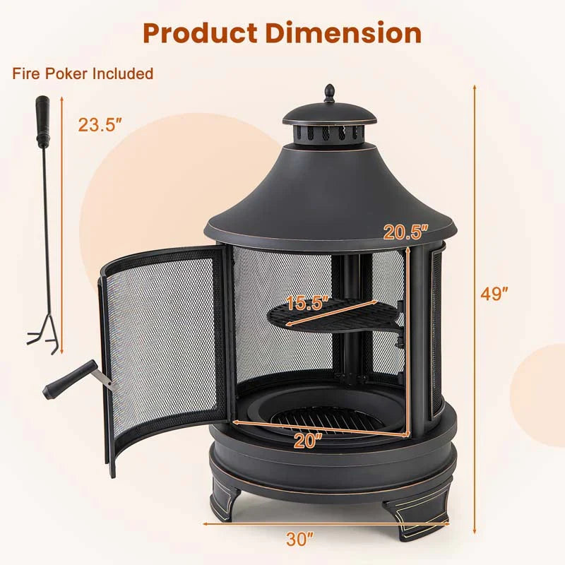 2026 30" 2-in-1 Metal Chiminea Fire Pit with Adjustable Grill & Chimney, Outdoor Wood Burning Chiminea Fireplace with Spark Screen for Patio Backyard BBQ