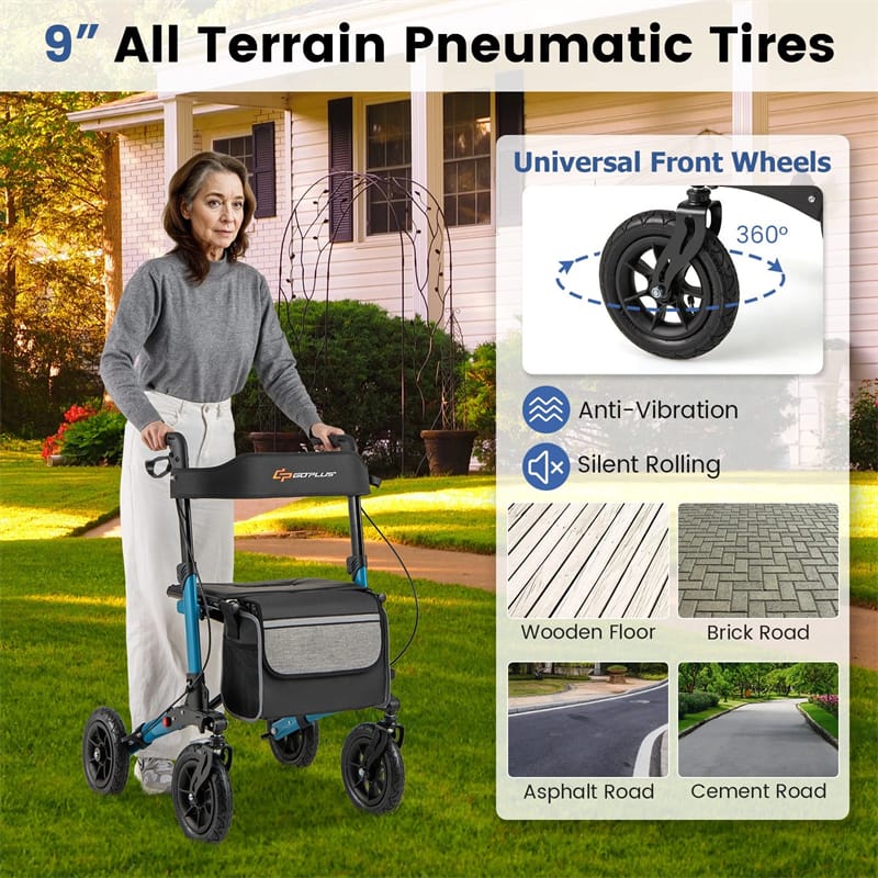 2026 2-in-1 Folding Rolling Rollator Walker with Seat, 9" All-Terrain Pneumatic Tires & Height Adjustment, Aluminum Mobility Walking Aid for Seniors