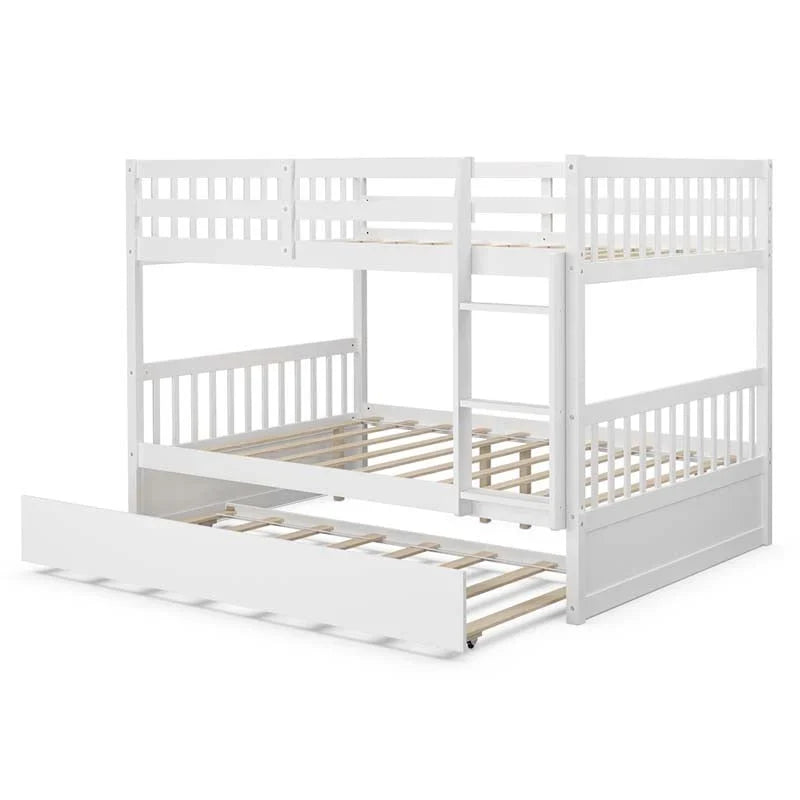 2026 Solid Wood Full Over Full Bunk Bed Frame with Trundle, Safety Ladder & Guardrails, Convertible Bunk Bed for Kids Teens