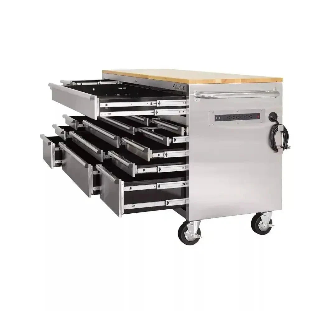 2026 New72 in. 18-Drawer 24 in. D Mobile Workbench with Solid Wood Top Stainless Steel
