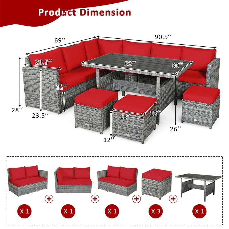 2026 7 PCS Resin Wicker Outdoor Sectional Sofa Set Rattan Patio Seating Group with Dining Table, Ottomans & Cushions