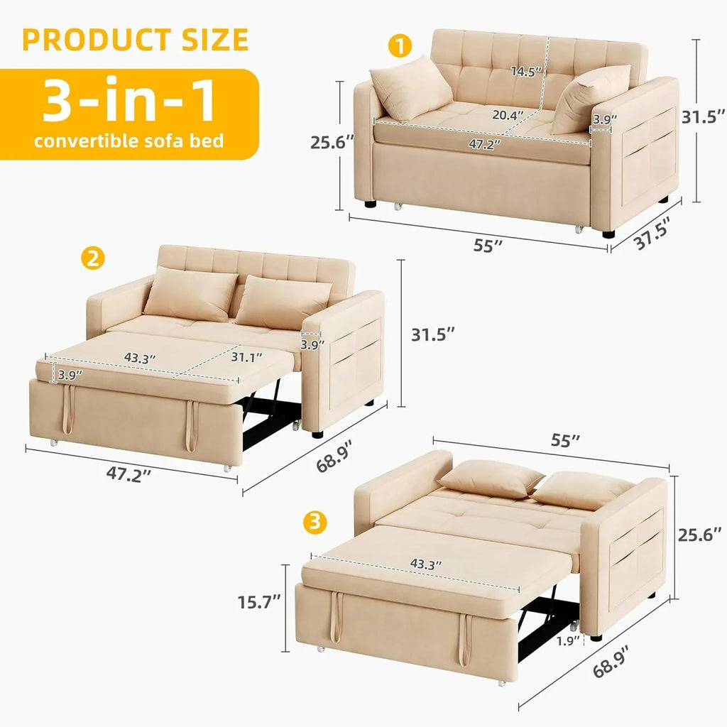 2026 3-in-1 Convertible Sofa Bed, 55" Sleeper Sofa with Pull-Out Bed, Cat-Scratch-Proof Fabric Futon Couch with Adjustable Backrest and Side Pocket, Loveseat for Living Room Apartment, Grey