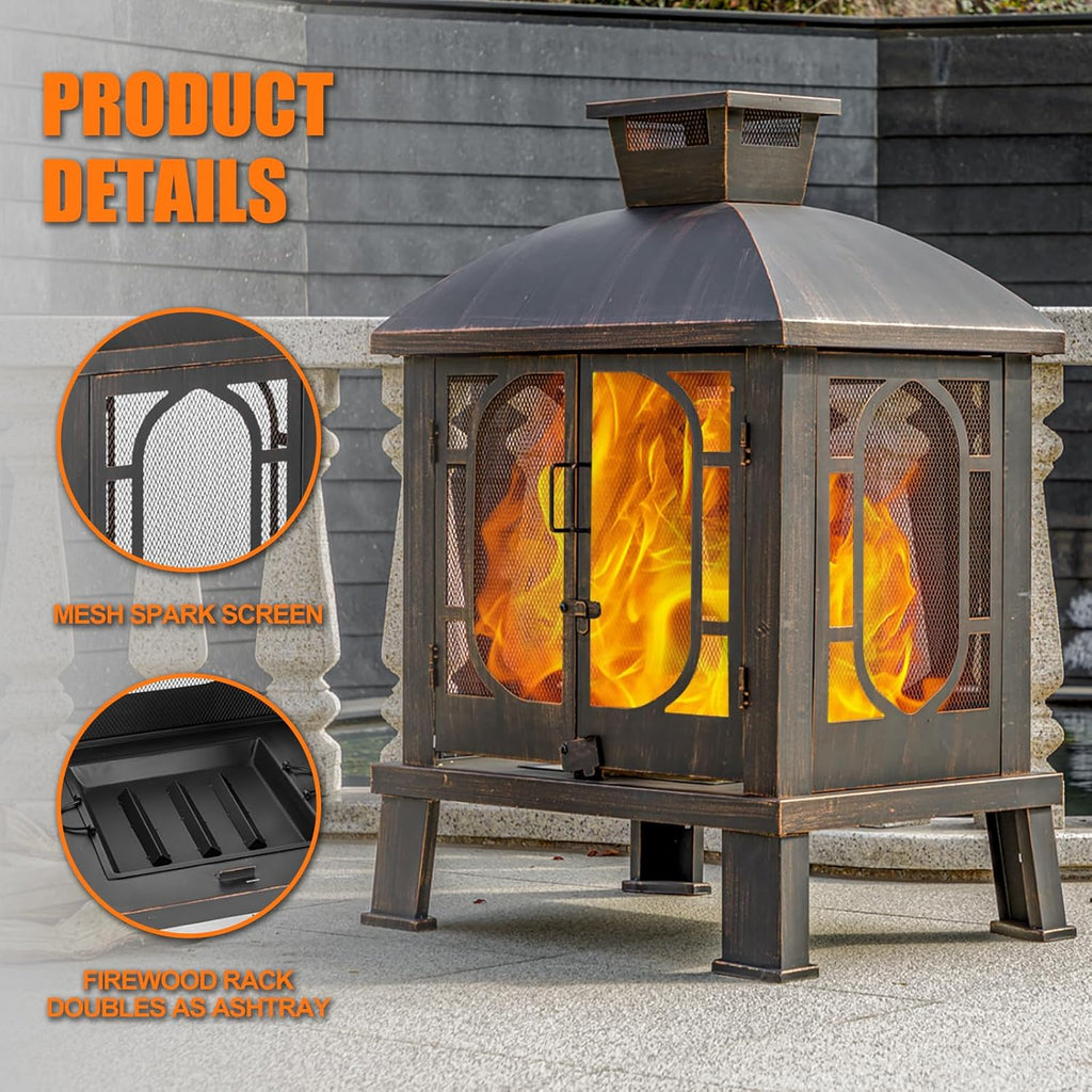 2026 45" H 31''W Metal Chiminea Fire Pit with Grill, Wood Burning Fire Pits for Outside,Square Chimineas Fireplace with Mesh Spark Screen Door& Fire Poker for Garden,Yard,BBQ,Bonfire (Black&Gold)