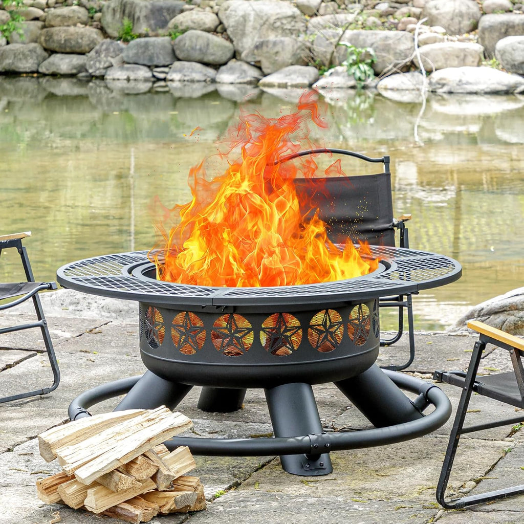 2026 47 Inch Outdoor Fire Pit with 2 Grills Extra Large BBQ Firepits for Outside Metal Round Fire pits with Lid&Fire Poker 3 in 1 Wood Burning Outdoor Fireplaces for Backyard Patio Bonfire