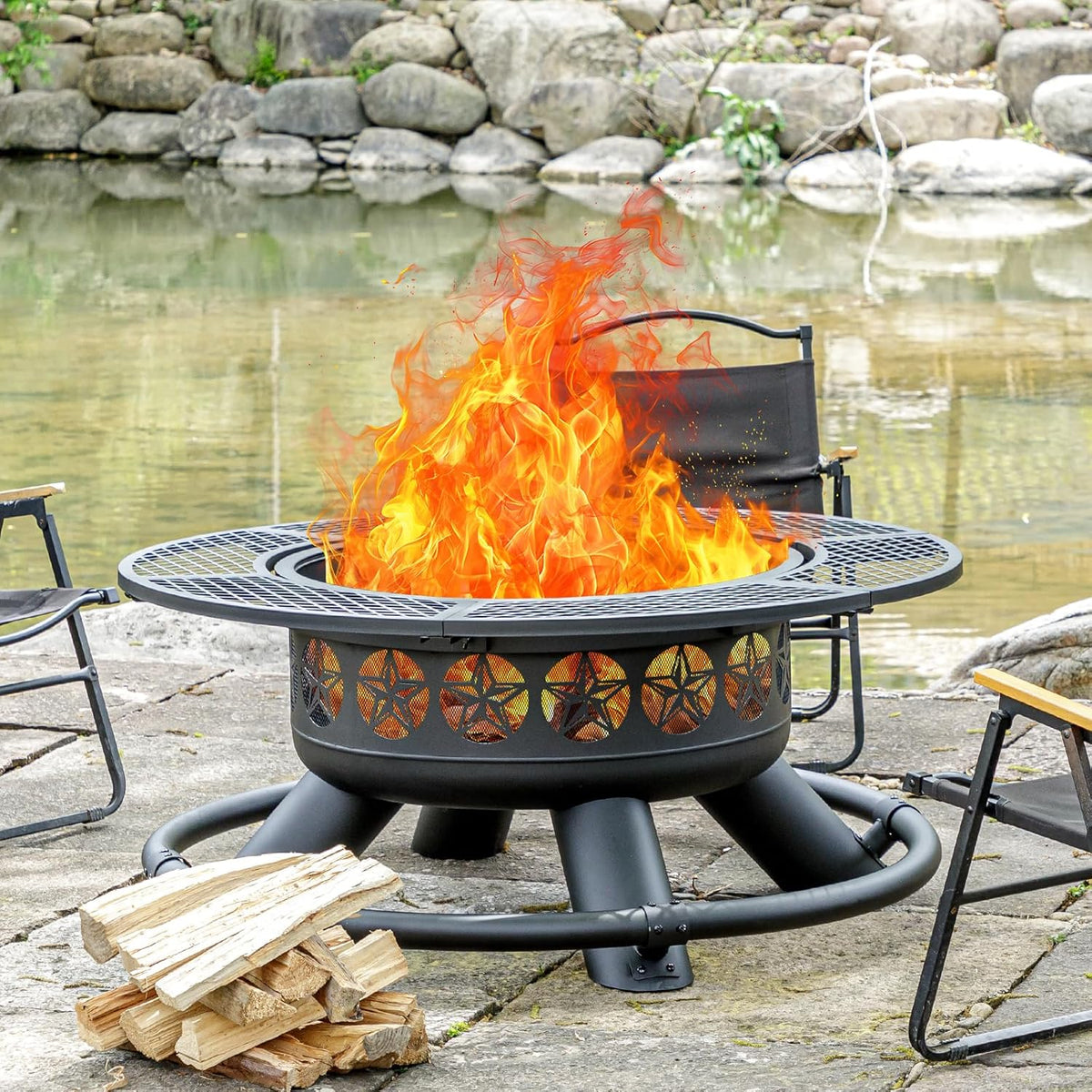 2026 47 Inch Outdoor Fire Pit with 2 Grills Extra Large BBQ Firepits for Outside Metal Round Fire pits with Lid&Fire Poker 3 in 1 Wood Burning Outdoor Fireplaces for Backyard Patio Bonfire