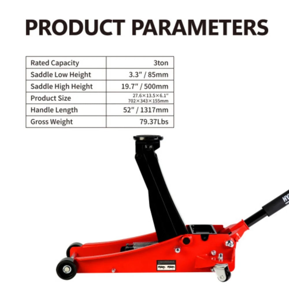 2026 3t Low Profile Jack, Red and Black, Ultra Low Floor Jack with Dual Pistons Quick Lift Pump, Car Jack Hydraulic AutoLifts for Home Garage Black+Red + Steel + 3T Dual pump + Lifting range 3.3"-19.7"