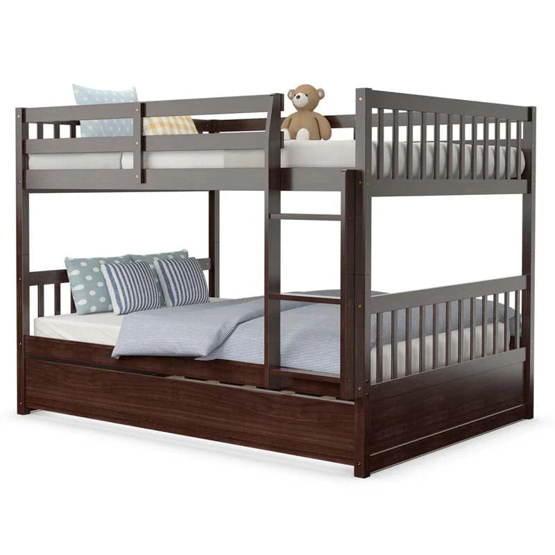 2026 Solid Wood Full Over Full Bunk Bed Frame with Trundle, Safety Ladder & Guardrails, Convertible Bunk Bed for Kids Teens