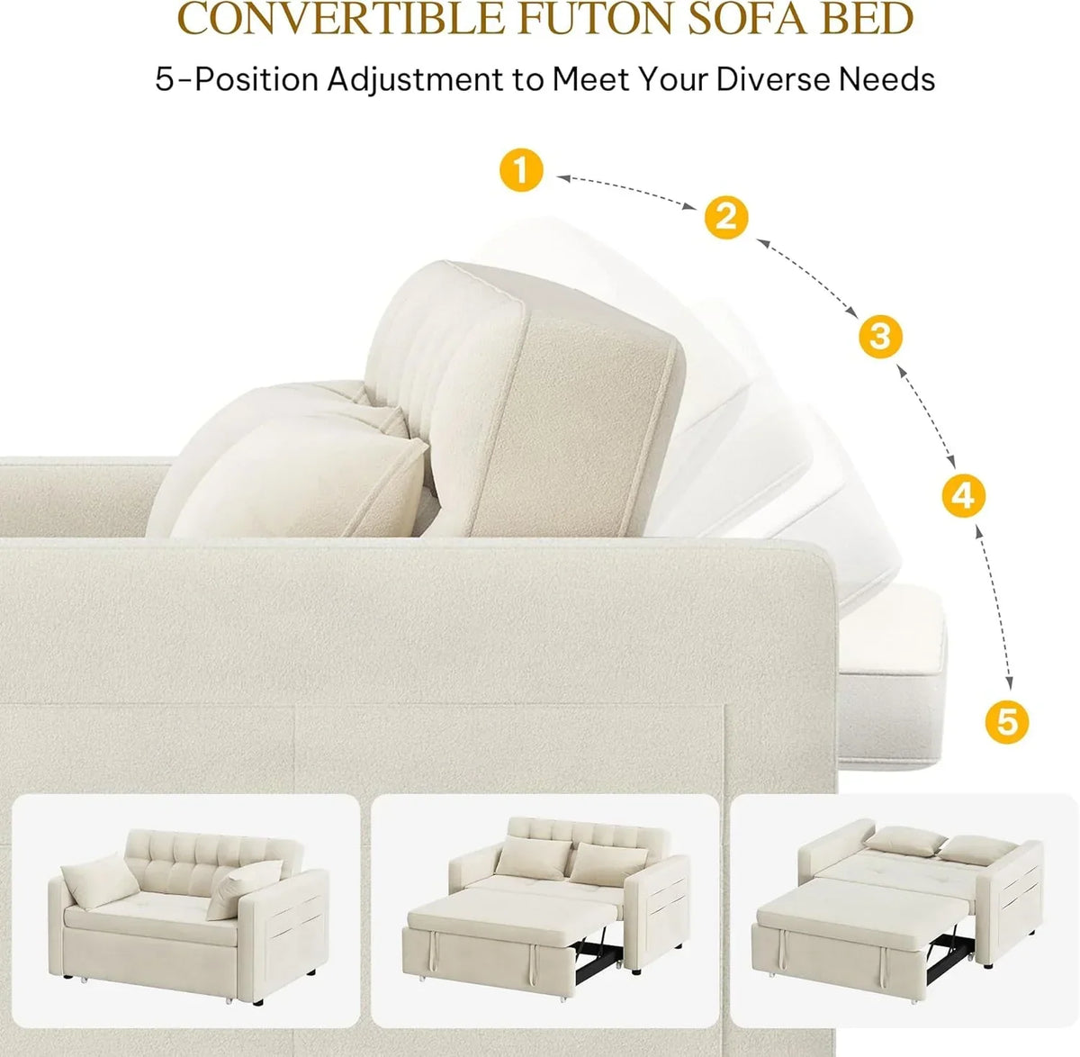 2026 3-in-1 Convertible Sofa Bed, 55" Sleeper Sofa with Pull-Out Bed, Cat-Scratch-Proof Fabric Futon Couch with Adjustable Backrest and Side Pocket, Loveseat for Living Room Apartment, Grey