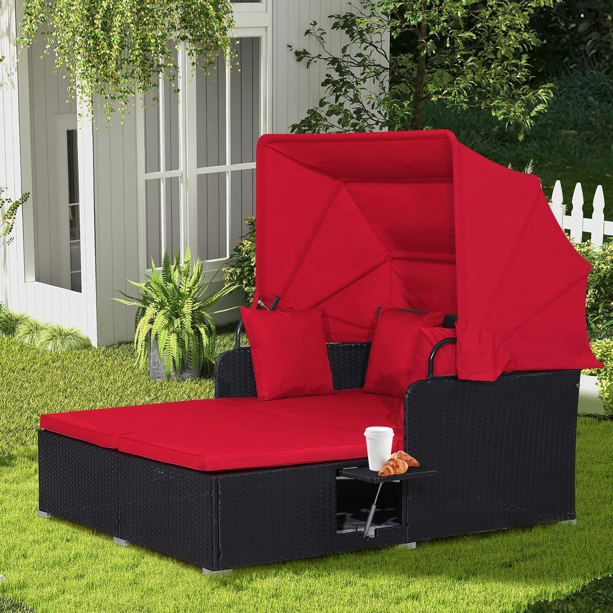 2026 Patio Outdoor Daybed with Canopy, Wicker Sunbed w/Cushions, 4 Pillows & 2 Retractable Side Trays, 2-Person Lounge Bed Conversation for Poolside Porch Garden, Rattan Outdoor Bed (Turquoise)